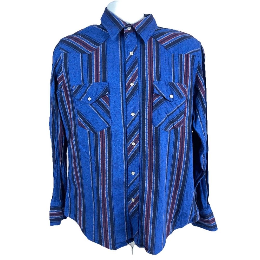 Vintage Wrangler Pearl Snap Shirt Western Cowboy Flannel Blue Size Large